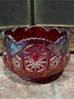 Vintage Carnival Glass-Red Iridescent Glass Decorative Bowl - Home Art
